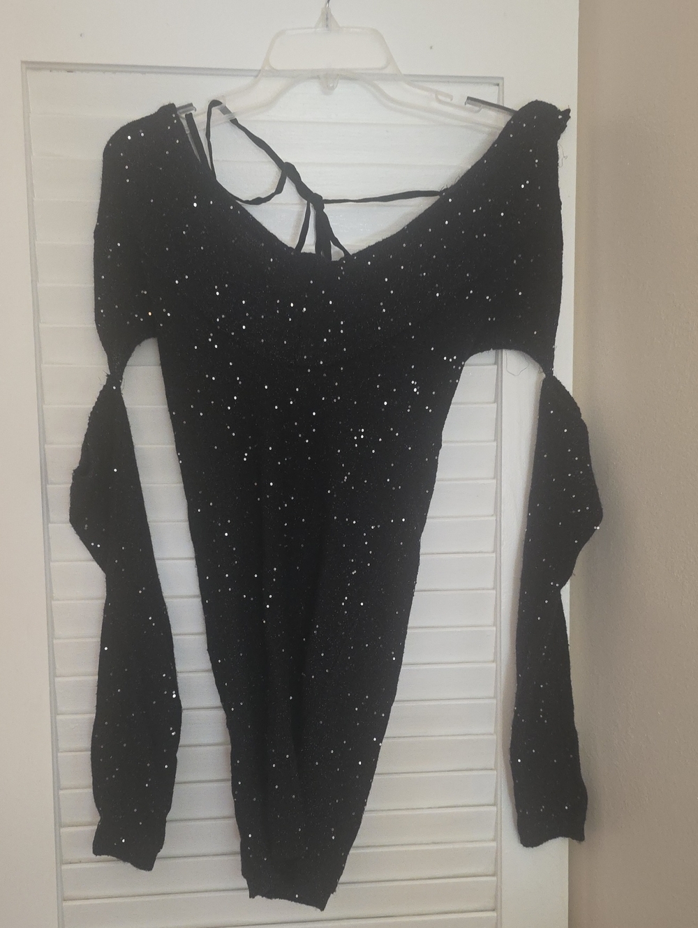PrettyLittleThing Black Sparkle Off-Shoulder Long Sleeve Top with Back Tie